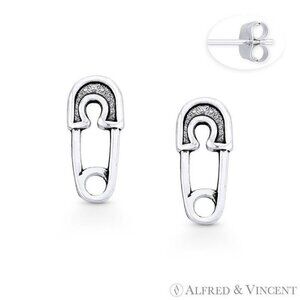Baby Diaper Safety Pin Charm Stud Earrings in Oxidized .925 Sterling Silver